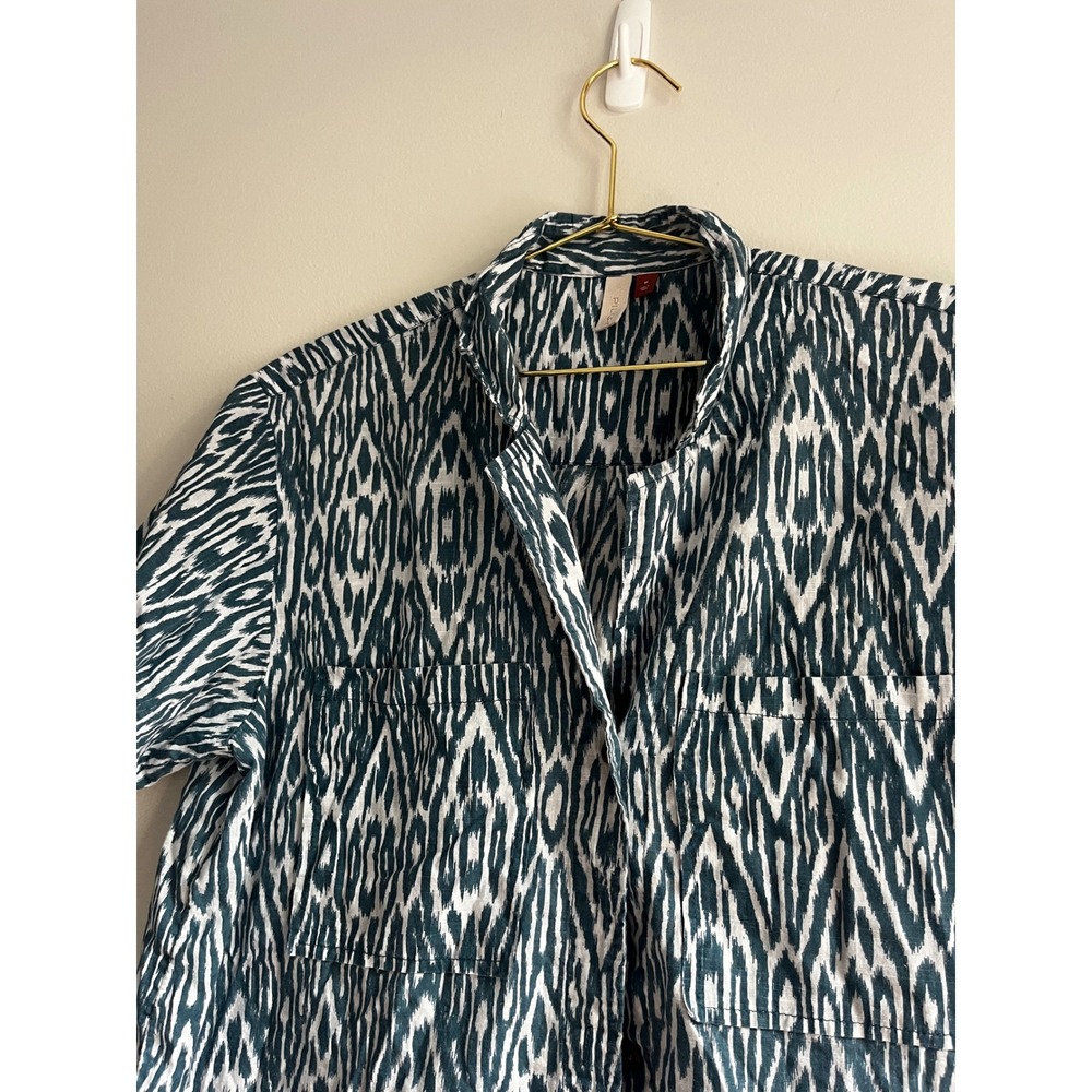 Pilcro Anthropologie Teal White Ikat Tribal Short Sleeve Button Down Shirt M